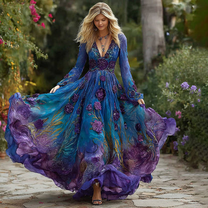 Women's Vintage Rose Floral Gradient Pattern V-neck Long-sleeved Dress