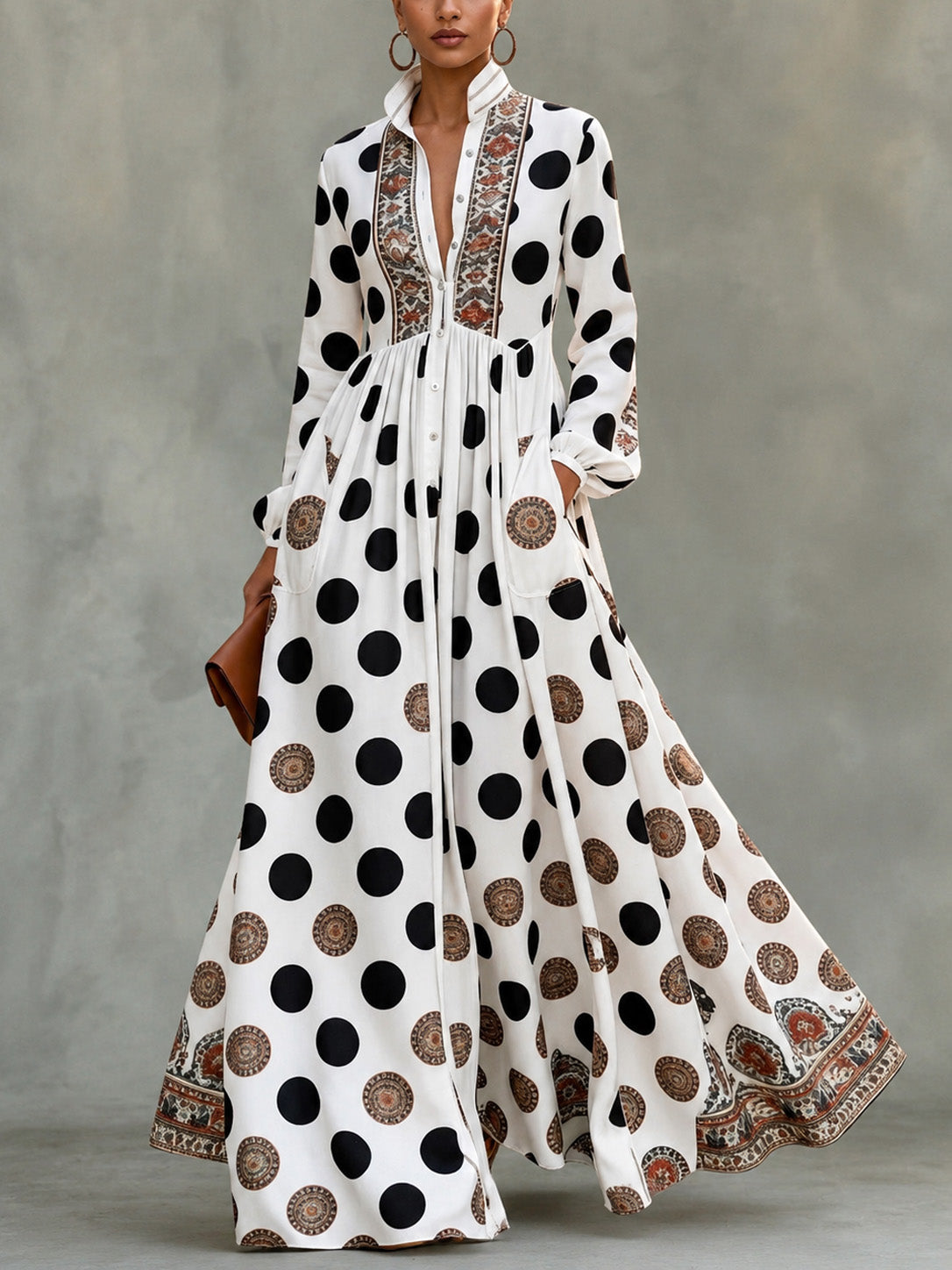 📦📦Classic Totem & Polka Dot Color-block Dress With Lapel, Cinched Waist, And Flared Skirt