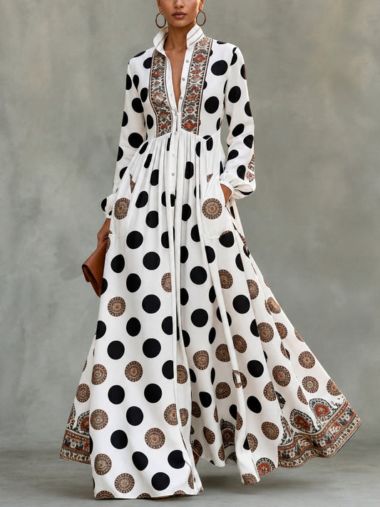 📦📦Classic Totem & Polka Dot Color-block Dress With Lapel, Cinched Waist, And Flared Skirt