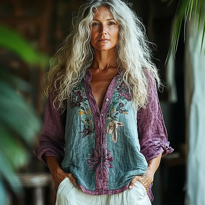 Bohemian Style Linen Floral Art Print  Long Sleeve Shirt