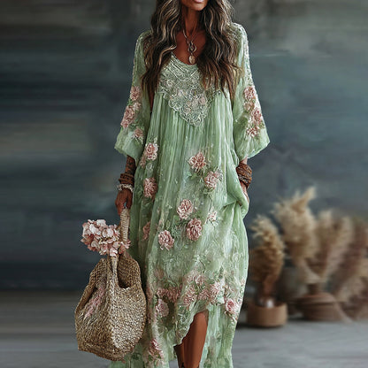 Women's Vintage Floral Art Flowy Linen Blend Casual Long Sleeve Maxi Dress