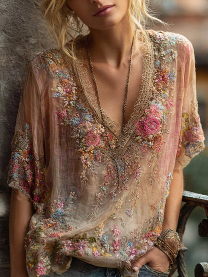 Vintage Floral 3d Art Embroidery Lace Cotton Linen Washed V-neck Short Sleeve Top
