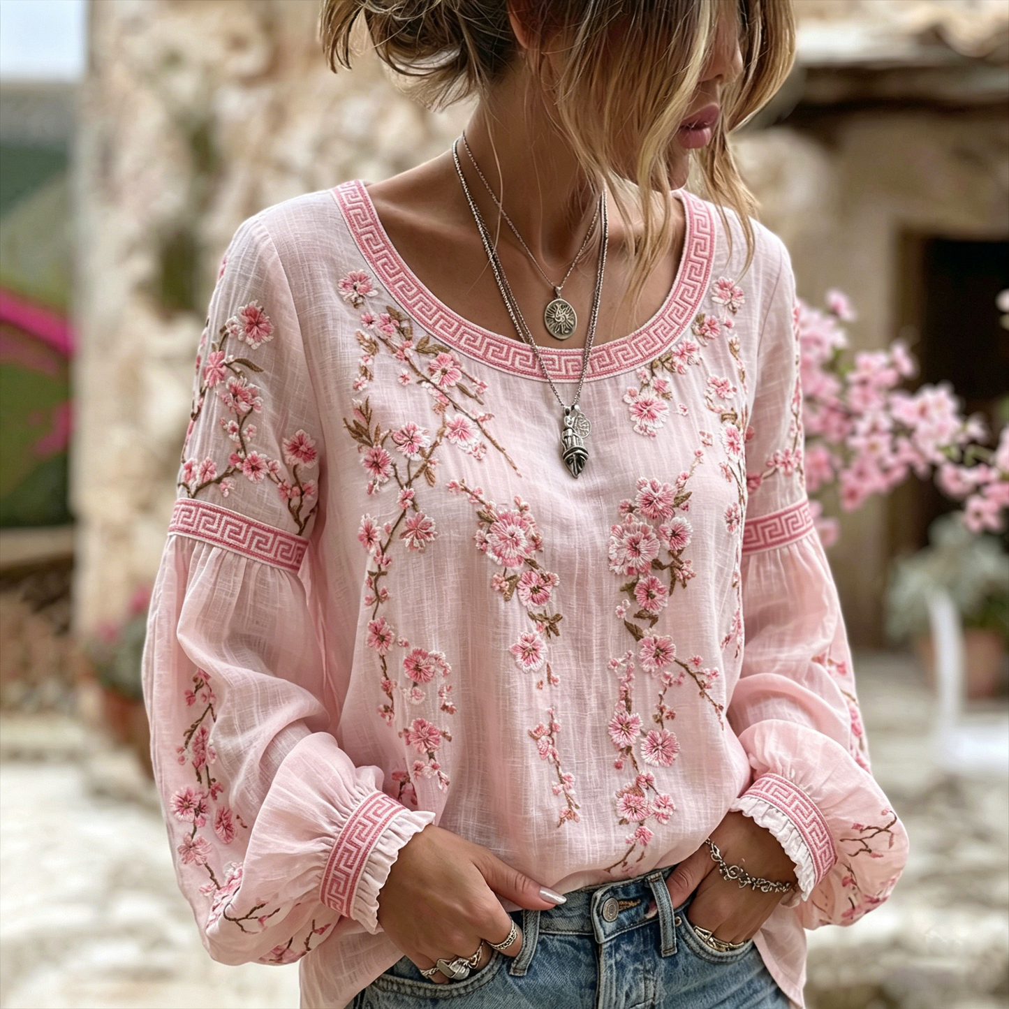 Women's Japanese Flower Art Crew Neck Linen Blend T-shirt