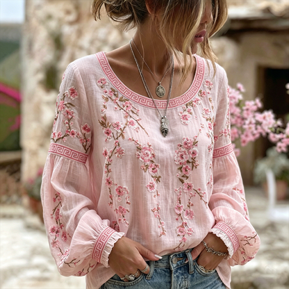 Women's Japanese Flower Art Crew Neck Linen Blend T-shirt