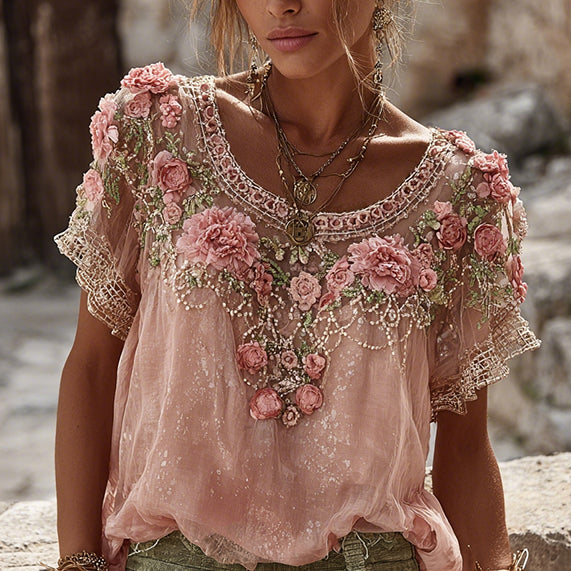 Women's Vintage Floral Embroidered Art Flowy Linen Blend Short Sleeve Casual Tops