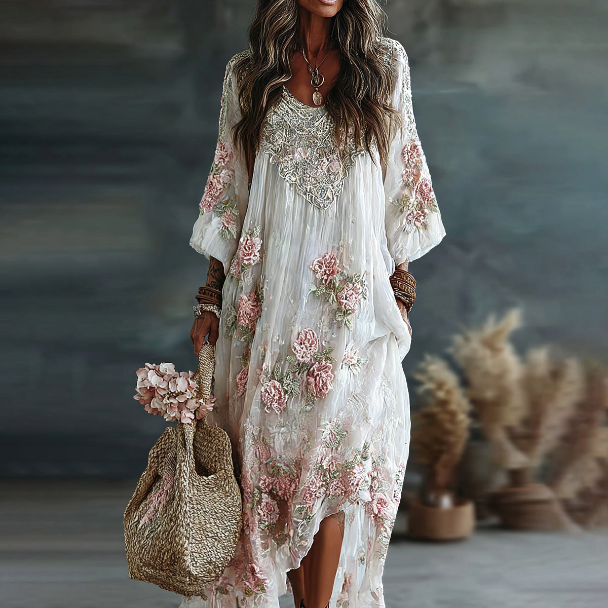 Women's Vintage Floral Art Flowy Linen Blend Casual Long Sleeve Maxi Dress