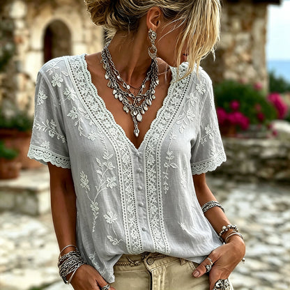 Women's White Floral And Lace Art Cotton Linen V-neck Short Sleeve Top