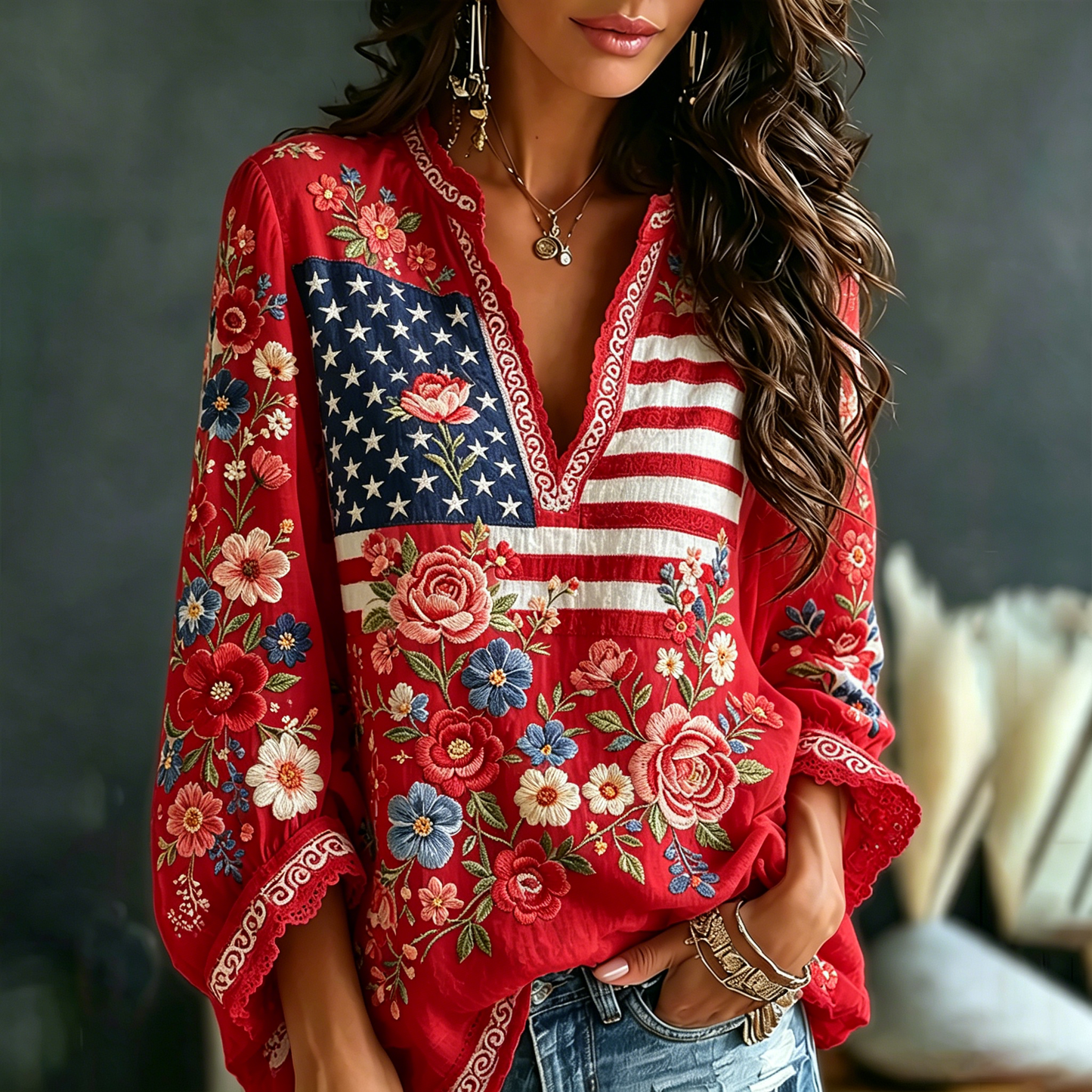 Vintage Floral Flag Art Cotton Linen V-neck Long Sleeve Top