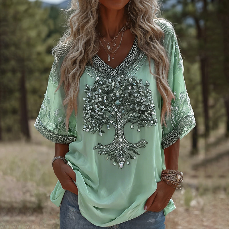Women's Retro Viking Tree Of Life Sequins Art Linen T-shirt