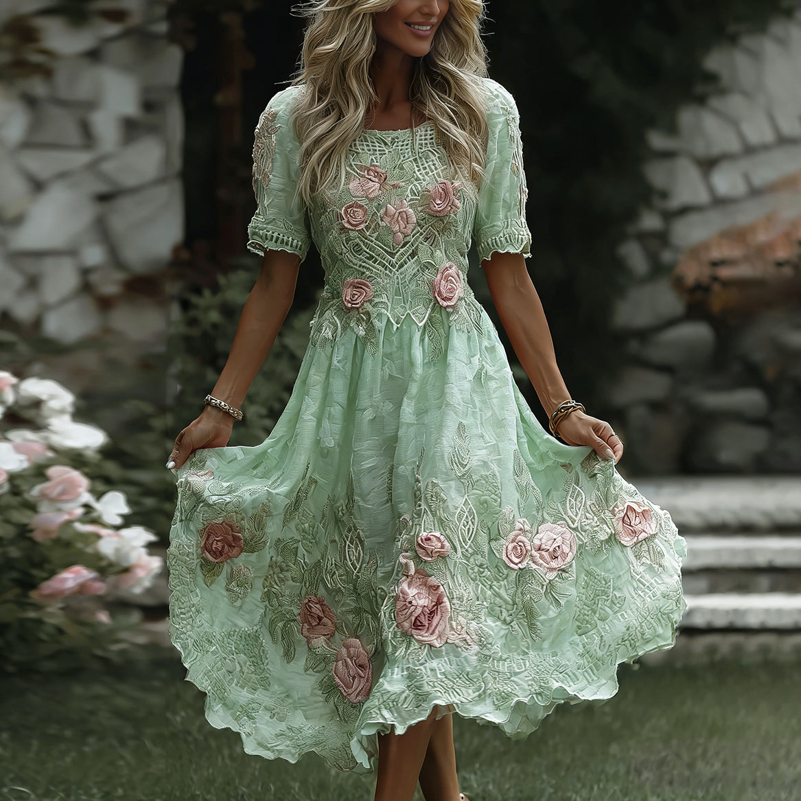 Women's Floral Art Print Flowy Linen Blend Casual Short Sleeve Maxi Dress