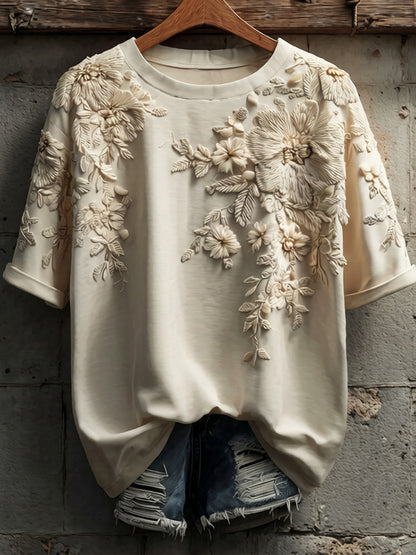 Women's Retro Floral Embroidery Casual Short-sleeve T-shirt