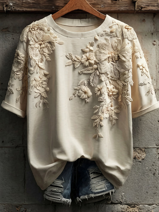 Women's Retro Floral Embroidery Casual Short-sleeve T-shirt