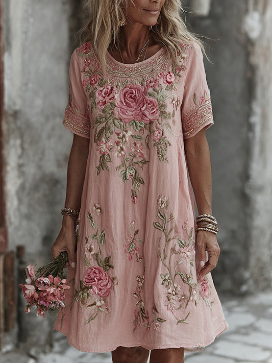 Retro Rose And Floral Printed Pattern Short Sleeve Mini Dress
