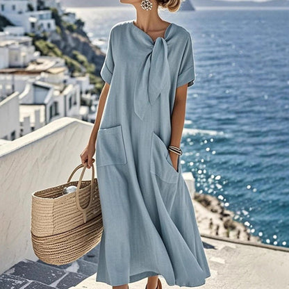 Women's Elegant Bow-knot Pocket Cotton And Linen Midi Dress