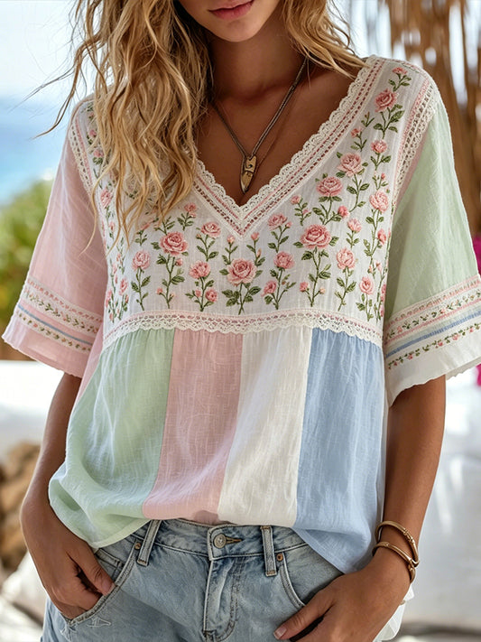 Women's Rose And Lace Spliced Striped Art Cotton Linen V-neck Short Sleeve Top