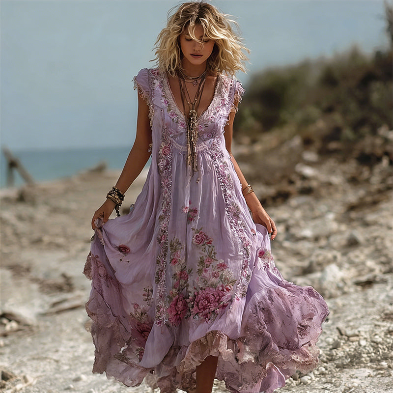 Vintage Boho Pink Roses Lace Flowy Linen Maxi Dress