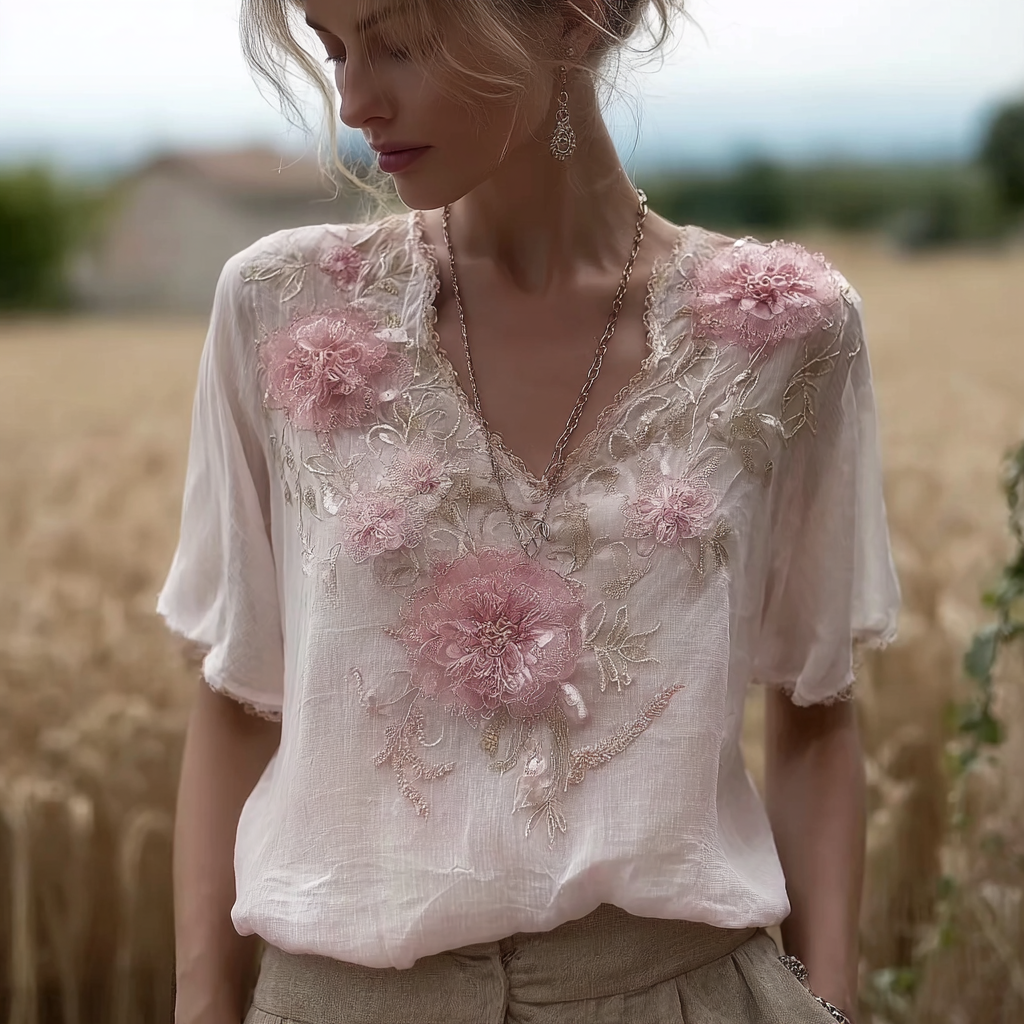 Bohemian Retro Pink Floral Pattern Women's Short-sleeve Top