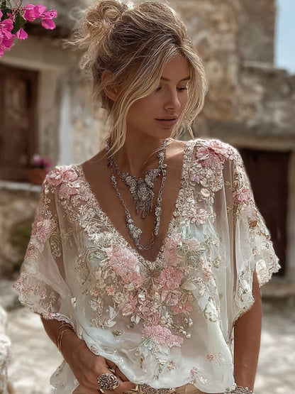 Women's Vintage Pink Flower Embroidered Art V-neck Short Sleeve T-shirt