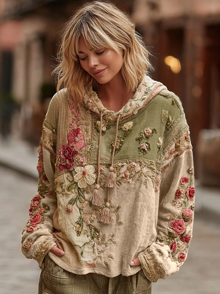 Women's Floral Embroidery Color Block Boho Casual Hooded Sweatshirt
