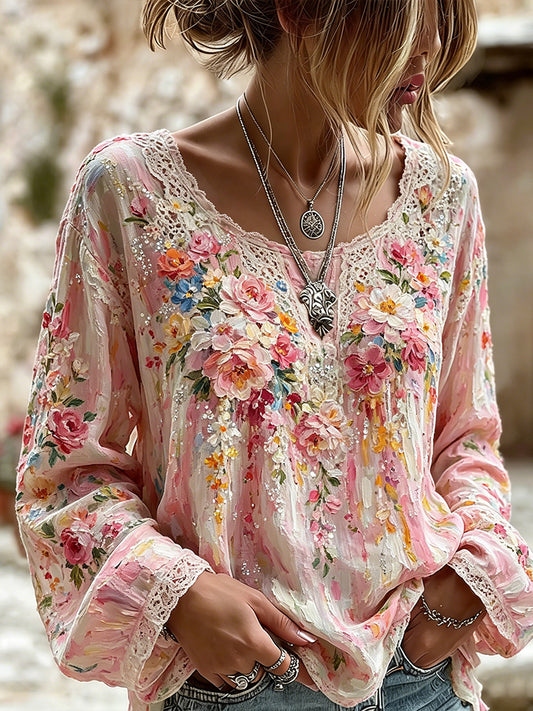 Women's Oil Painting Romantic Floral And Lace Art Cotton Linen Colorful Round Neck Long Sleeve Top