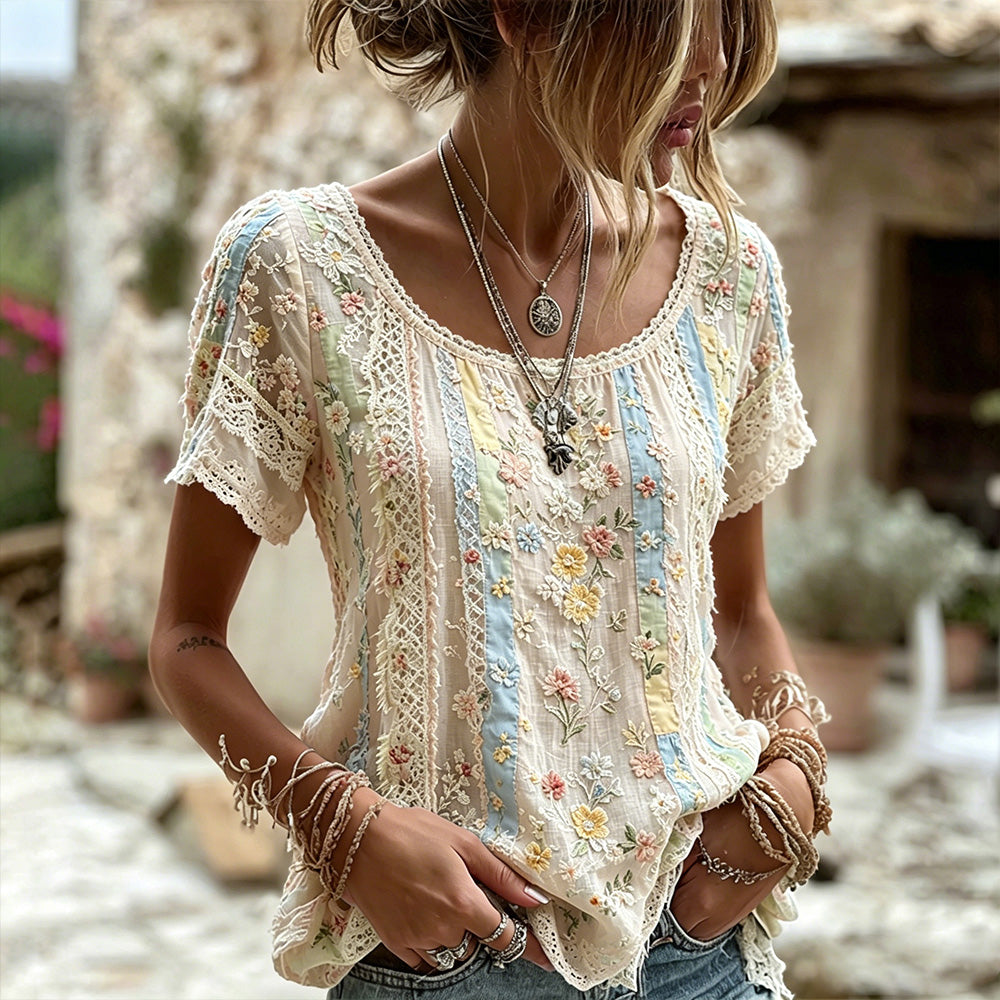 Women's Handmade Floral Embroidery And Lace Art Splicing Lightweight Cotton Linen Round Neck Short Sleeve Top