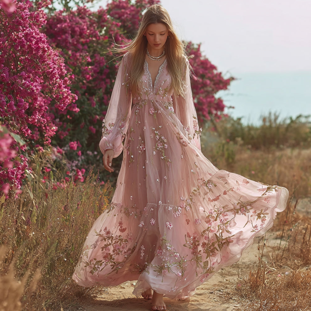 Vintage Floral Embroidered Art Flowy Long Sleeve Maxi Dress