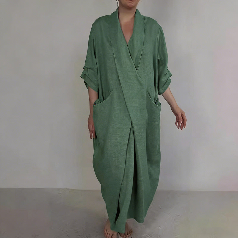 Retro Monk's Robe-style V-neck Cotton Linen Dress