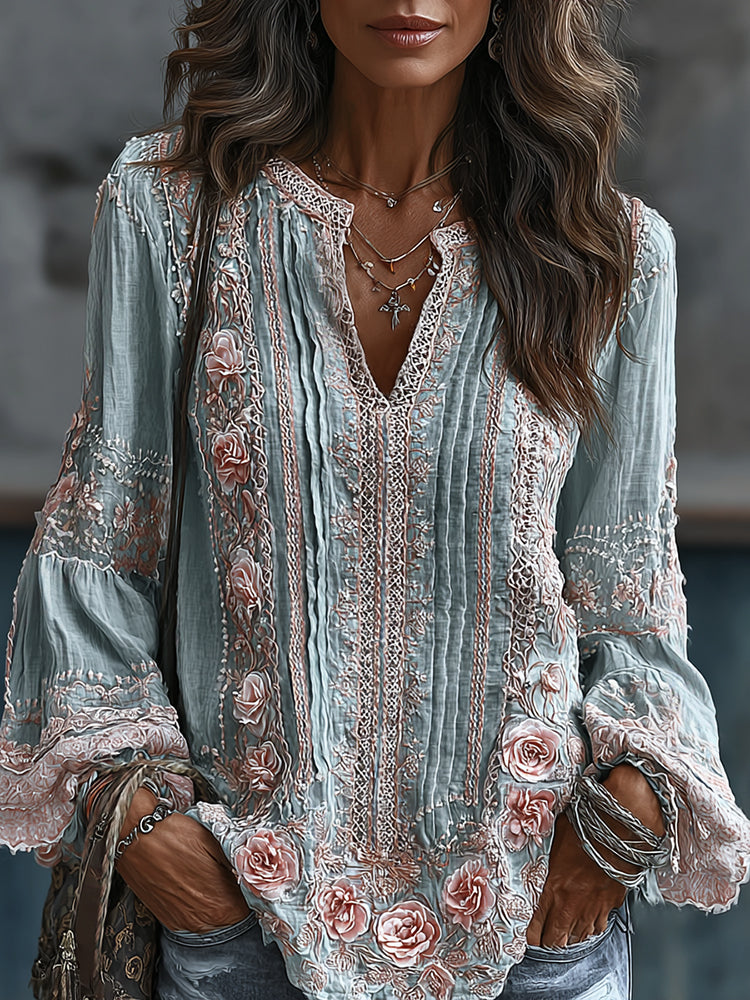 Women's Floral Embroidered Art Print Flowy Linen Blend Casual Tops