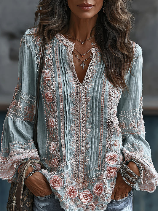 Women's Floral Embroidered Art Print Flowy Linen Blend Casual Tops
