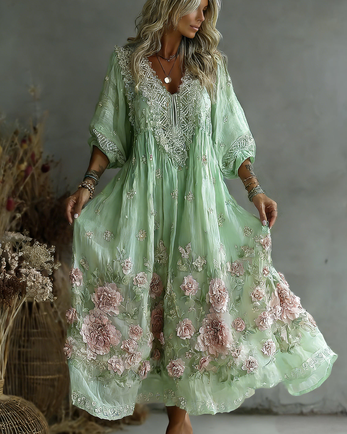 Women's Retro Floral Art Flowy Linen Blend Casual Long Sleeve Maxi Dress