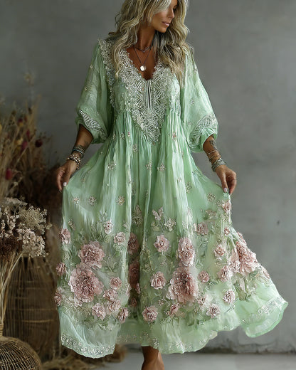 Women's Retro Floral Art Flowy Linen Blend Casual Long Sleeve Maxi Dress