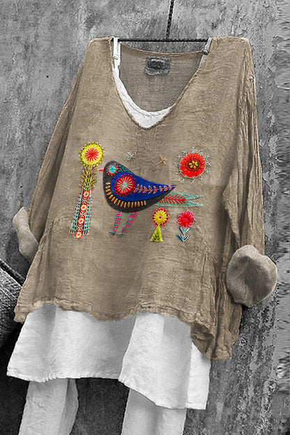 Women's Flower And Bird Embroidery Art Linen V-neck Shirt