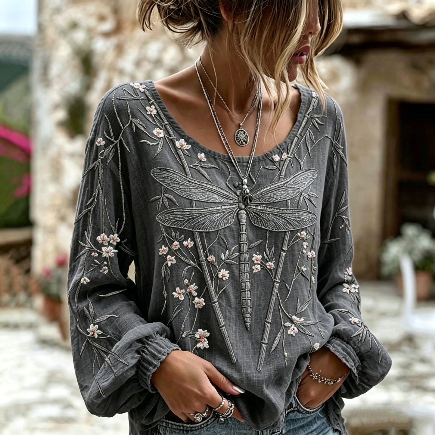 Women's Dragonfly Flower Art Crew Neck Long Sleeve Linen Blend T-shirt