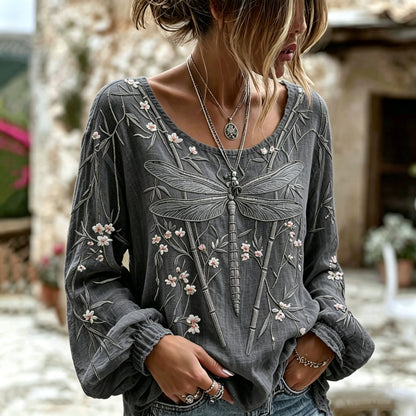 Women's Dragonfly Flower Art Crew Neck Long Sleeve Linen Blend T-shirt