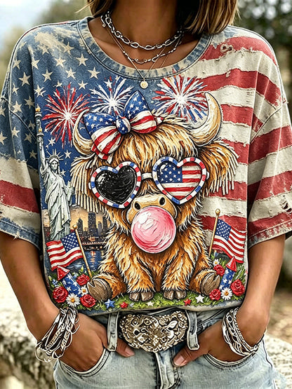 Women's Retro Independence Day Flag Highland Bull Patchwork T-shirt