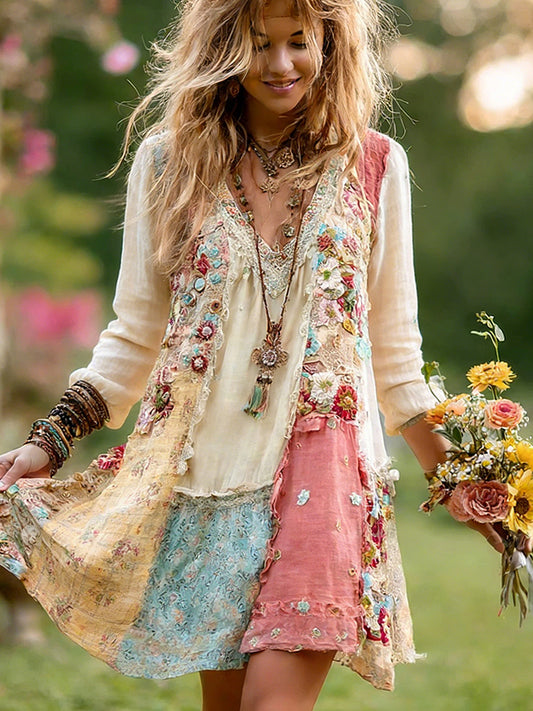 Women's Retro Bohemian Floral Casual V-neck Long Sleeve Dress