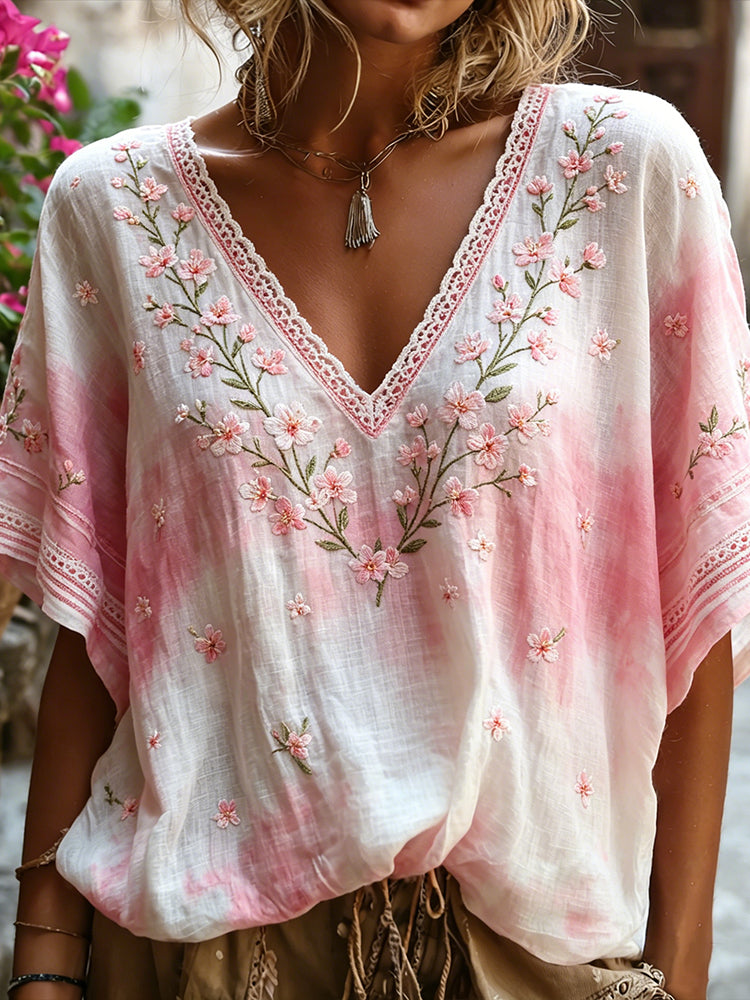 Women's Pink Cherry Blossom And Lace Art Embroidery Pink Tie-dye V-neck Long Sleeve Top