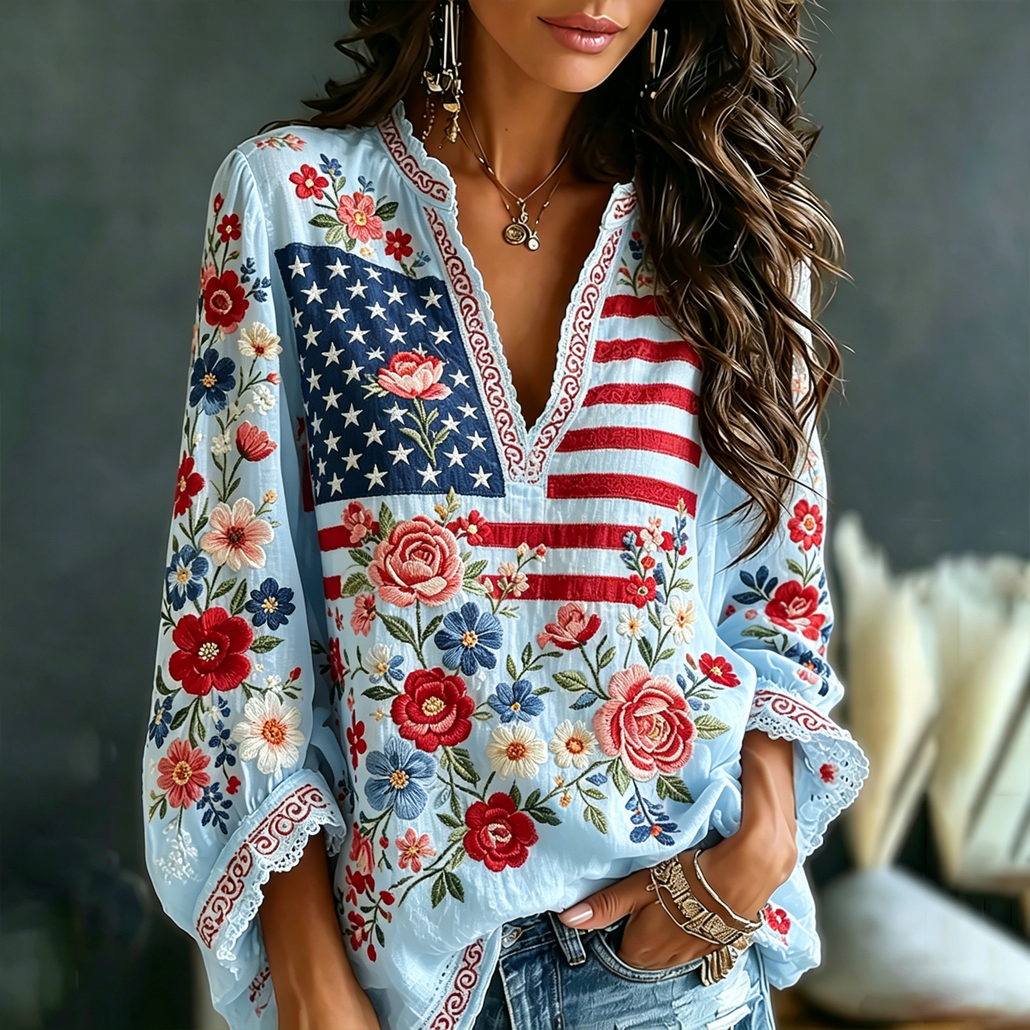 Vintage Floral Flag Art Cotton Linen V-neck Long Sleeve Top