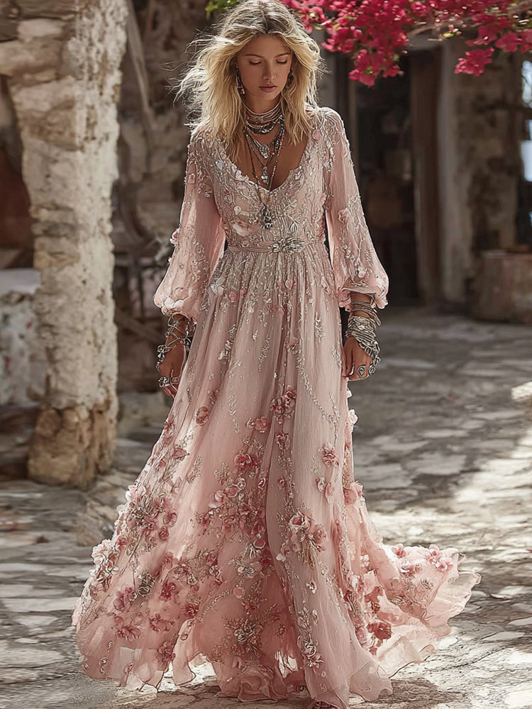 Women's Bohemia Pink Flower Embroidery Art V Neck Long Sleeve Maxi Dress