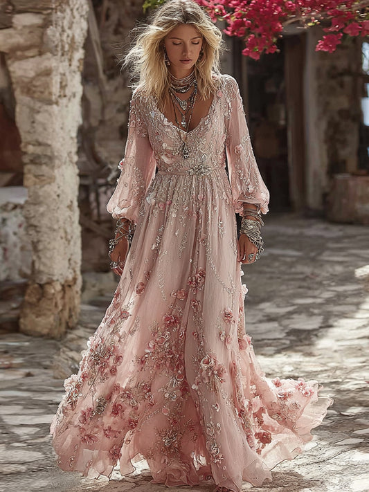Women's Bohemia Pink Flower Embroidery Art V Neck Long Sleeve Maxi Dress