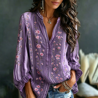 Women's Pink Floral Art Embroidery Spliced Striped Comfortable Cotton Linen V-neck Long Sleeve Top