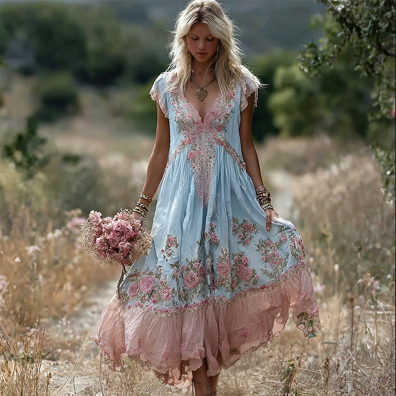 Boho Pink Floral Embroidered Lace Trim Flowy Linen Maxi Dress