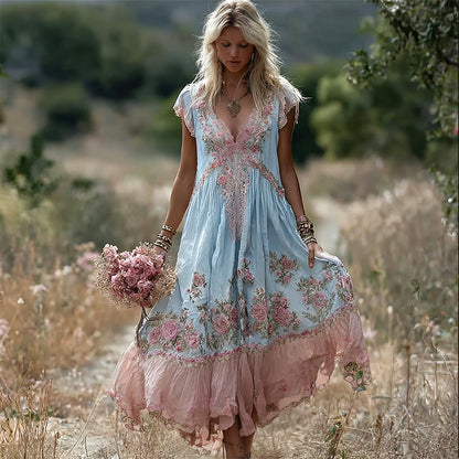 Boho Pink Floral Embroidered Lace Trim Flowy Linen Maxi Dress