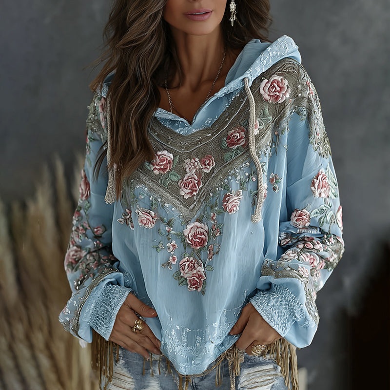 Women's Retro Floral Embroidered Art Print Flowy Linen Blend Casual Hoodie