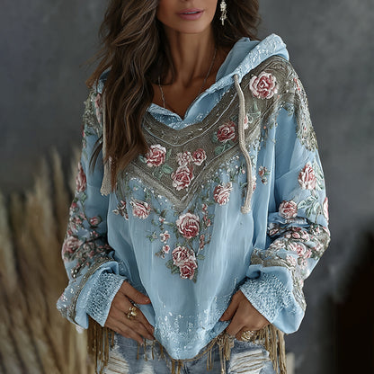 Women's Retro Floral Embroidered Art Print Flowy Linen Blend Casual Hoodie