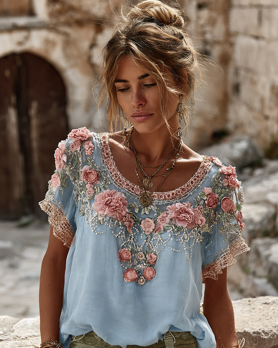 Women's Vintage Floral Embroidered Art Flowy Linen Blend Short Sleeve Casual Tops