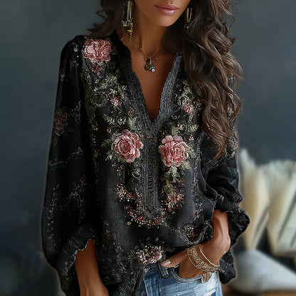 Women's Vintage Spring Floral Embroidered Art Print Flowy Linen Blend Casual Tops