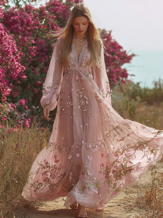 Vintage Floral Embroidered Art Flowy Long Sleeve Maxi Dress