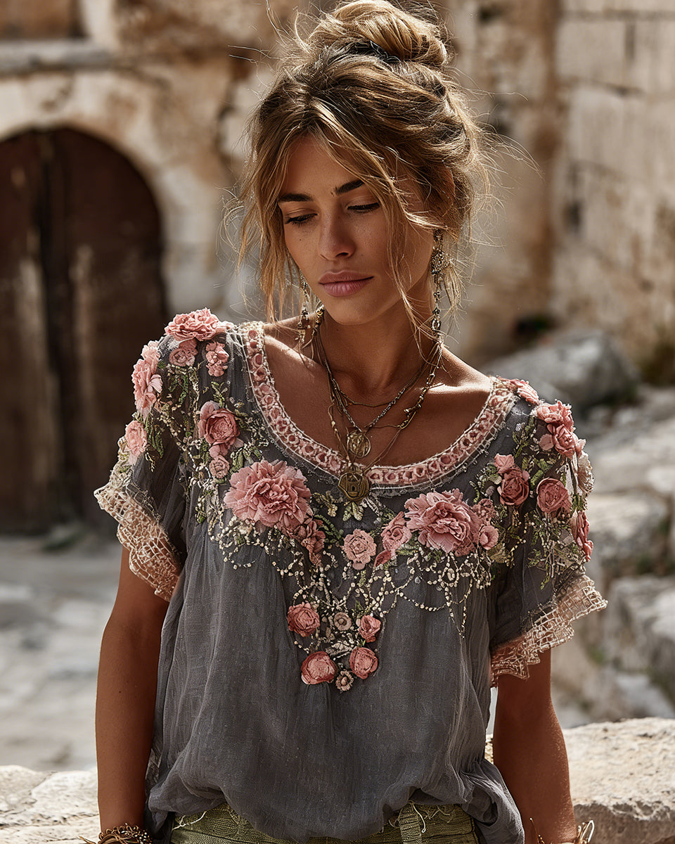 Women's Vintage Floral Embroidered Art Flowy Linen Blend Short Sleeve Casual Tops