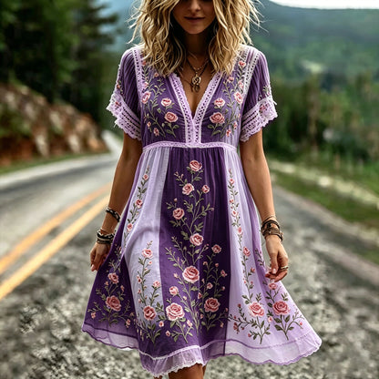 Women's Pink Rose Art Embroidery Striped Textured Cotton Linen V-neck Short Sleeve Playful Dress